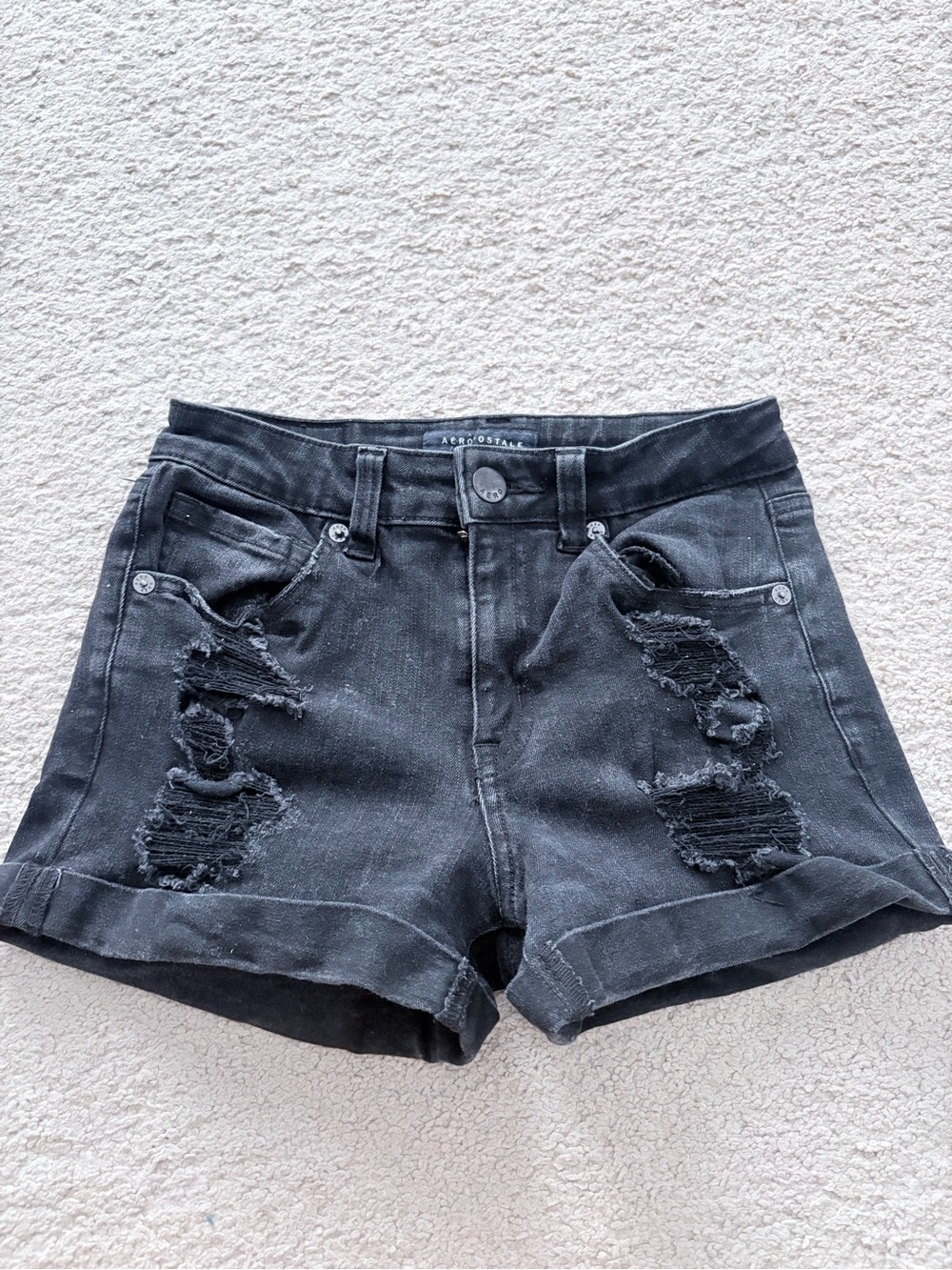 Aeropostale Black Distressed Rolled-Hem Denim Shorts